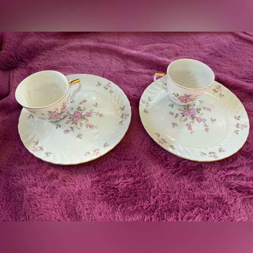 💕Lefton Moss Rose Snack Set of 2 Plate Cup Handpainted Porcelain with Gold Trim